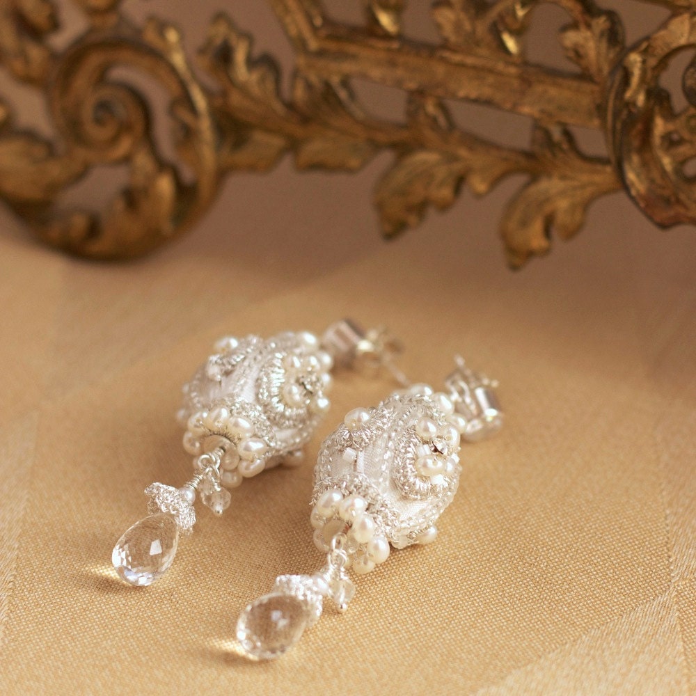 Long Crystal Bridal Drop Earrings / Freshwater Pearls / Textile Beads / Vintage Rhinestones "Sibyl"