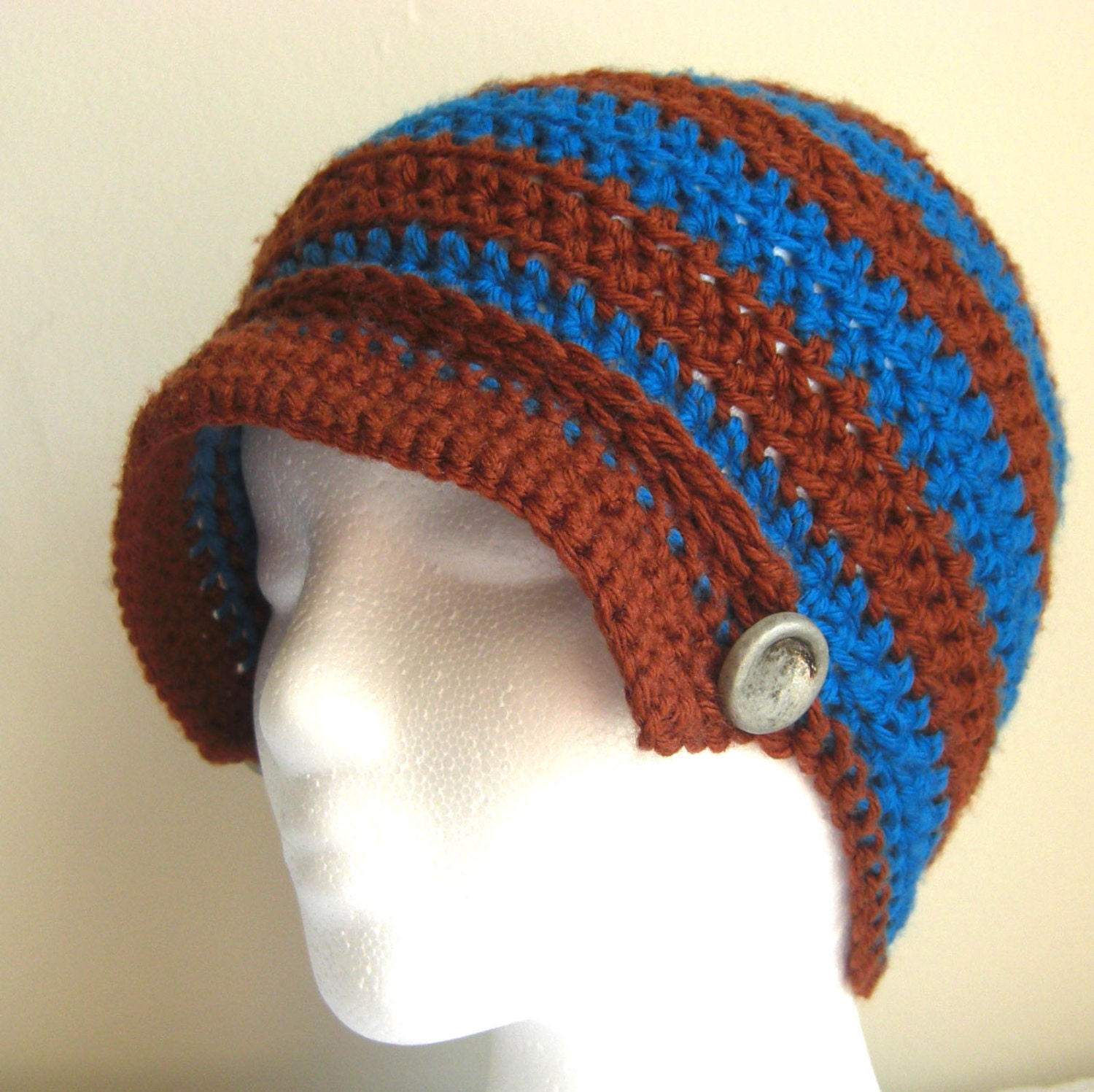 Brown and Blue Hat - Newsboy Hat with Brim and Buttons