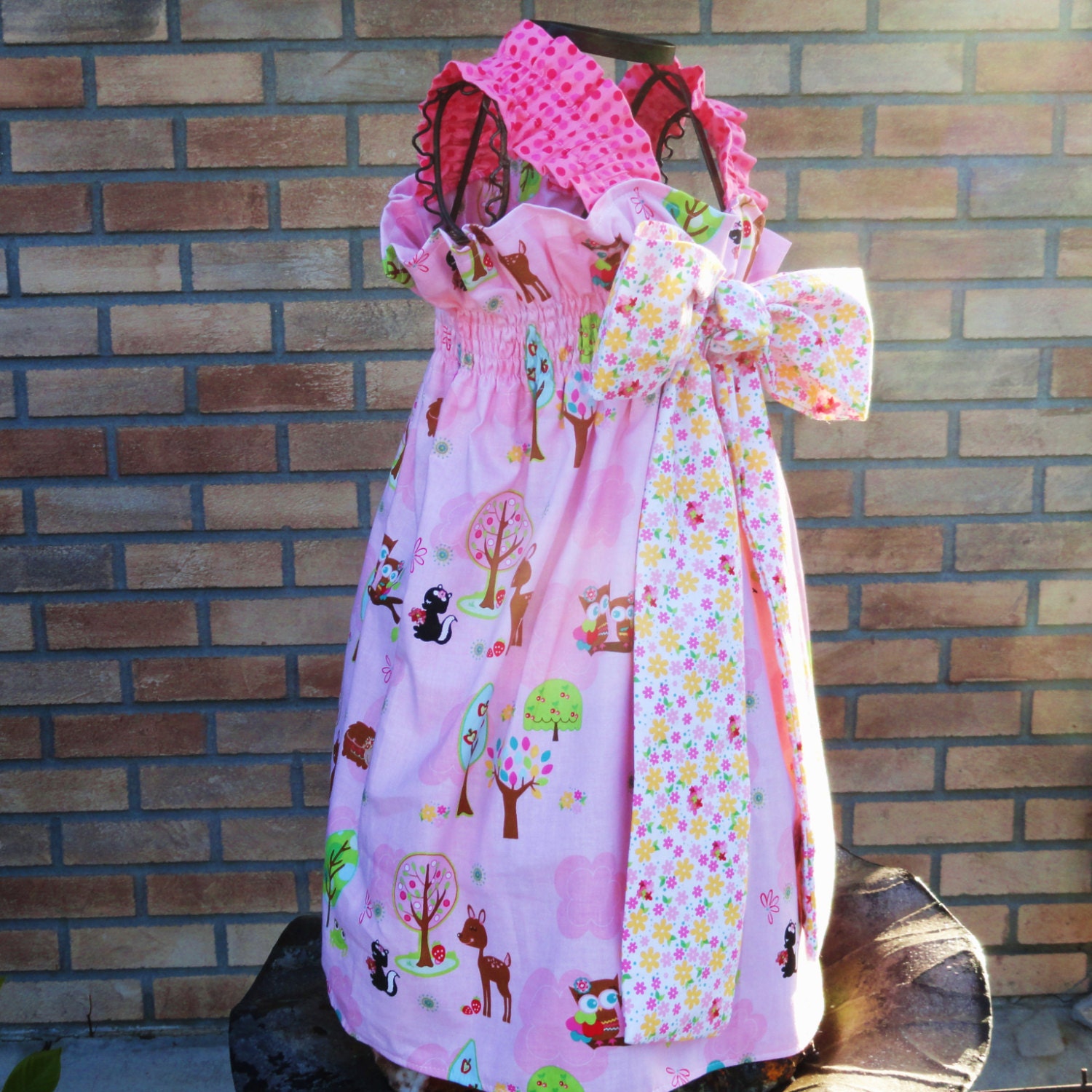 Forest Fun Summer Sundress Gathered Bow Dress for Girls 12m 18m 24m 2T 3T 4T 5 6