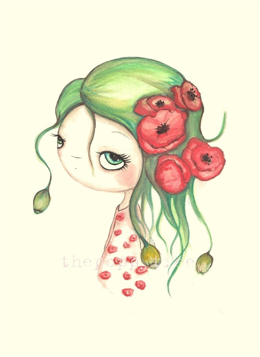 Poppy Print Flower Girl---Red Whimsical Poppy Portrait ---Poppies