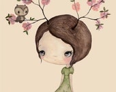 Tree Print Pink Cherry Blossom Bloom Spring Girl Wall Art---Owl In My Tree