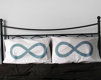 Wedding Gift : His and Hers Infinity Pillow cases in blue, Queen bedding 300TC / home decor, pillowcase