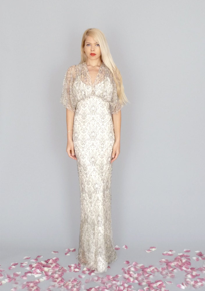 May: Long boho lace kimono sleeve sheath gown ivory black hippie wedding