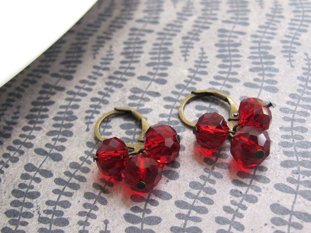 Red Cherries. Romantic Nature Jewellery. Nickel free lead free. Red Gothic Style. Petite earrings. Dangle Drop earrings