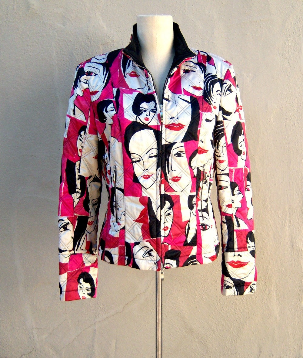 90's vintage novelty print jacket // MOD GIRL fashion bomber jacket // pink black white // womens medium