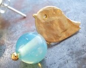 Little gold bird earrings stud post earrings for women tree sparrow blue opal glass bead drop girls gift nature inspired 925 sterling silver