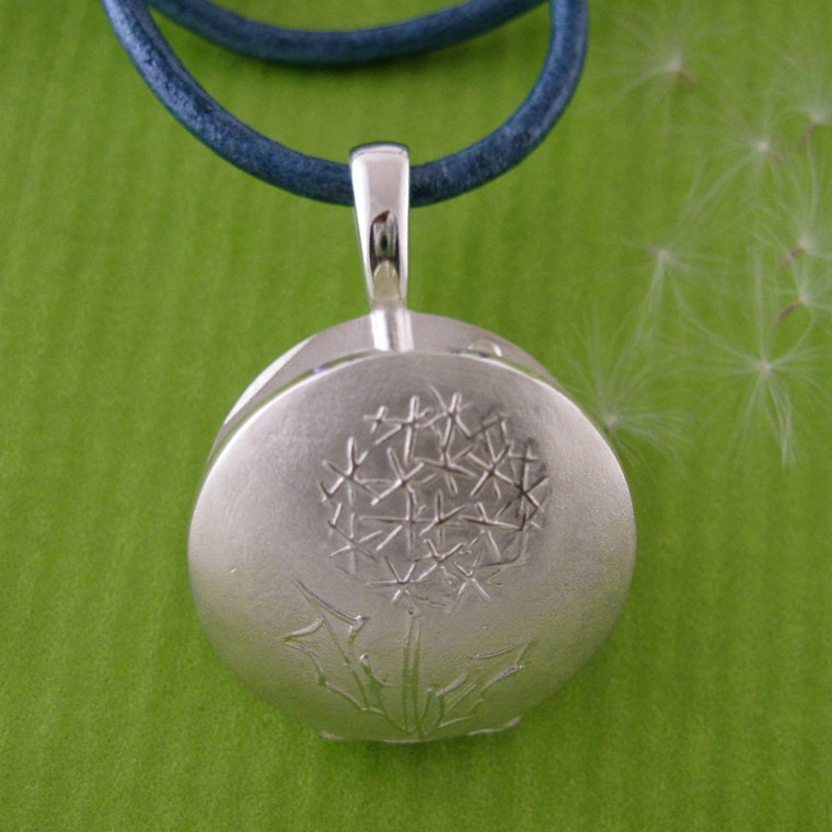 Silver Locket, Dandelion Picture Locket, Twilight Blue Leather Cord, Fine Keepsake - DANDI Collection