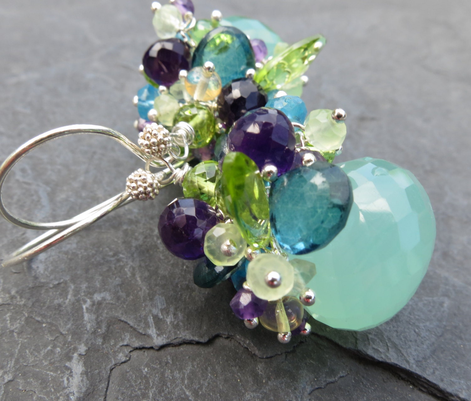 Aqua chalcedony earrings sterling silver amethyst opal peridot mixed gemstone jewelry cluster dangle large onion mermaid bride --Filicudi--