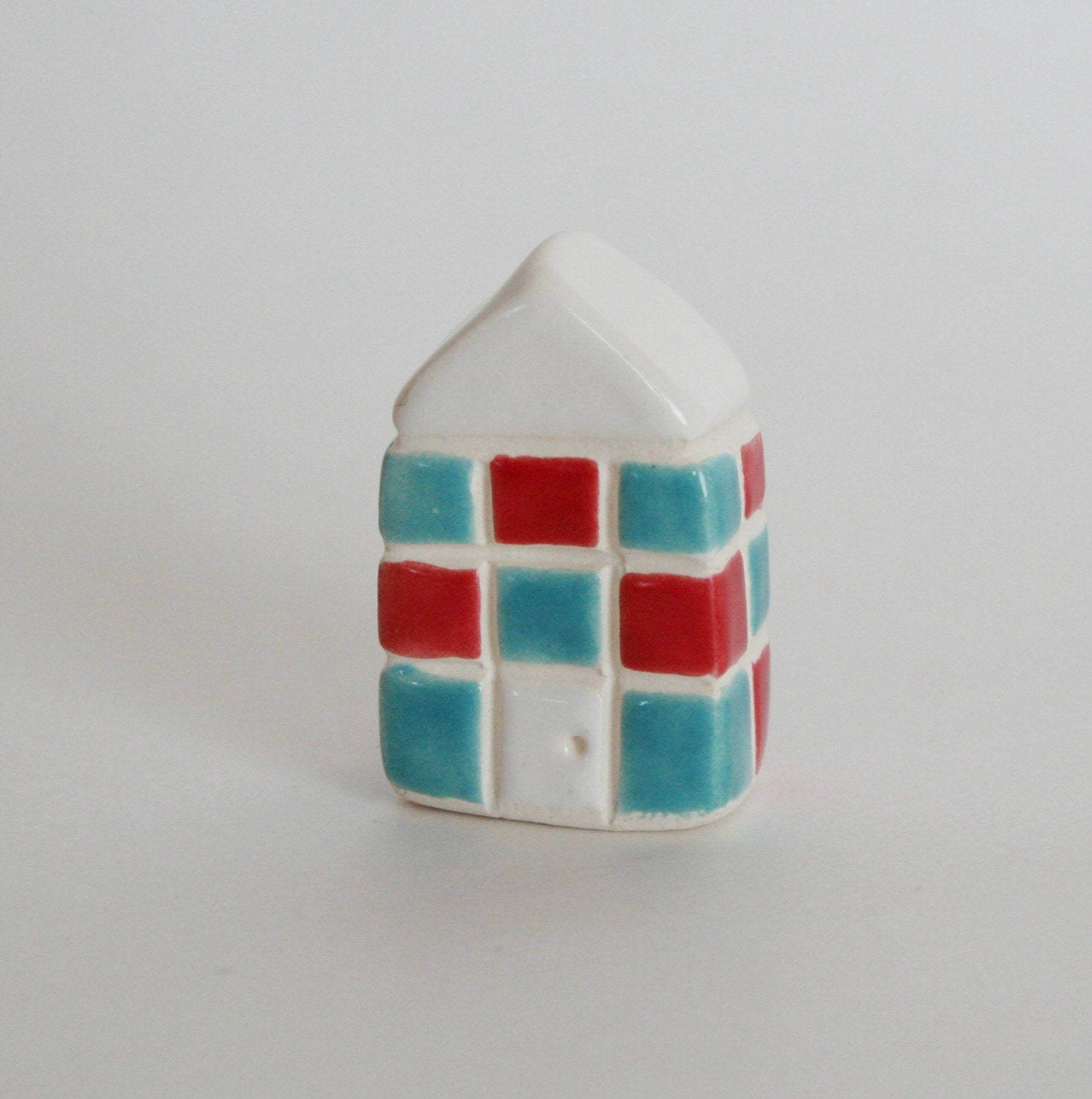 Miniature Brick Ceramic Little Clay House Red Aqua Blue White Multicolor Plaid Checkers
