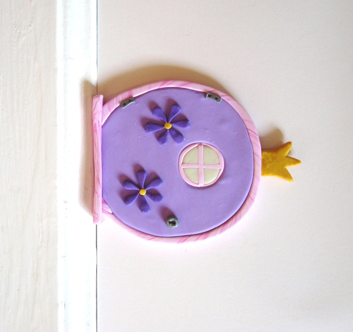 Fairy Door with Princess Crown, Flowers,  and Glow-in-the-Dark Window- Purple Polymer Clay