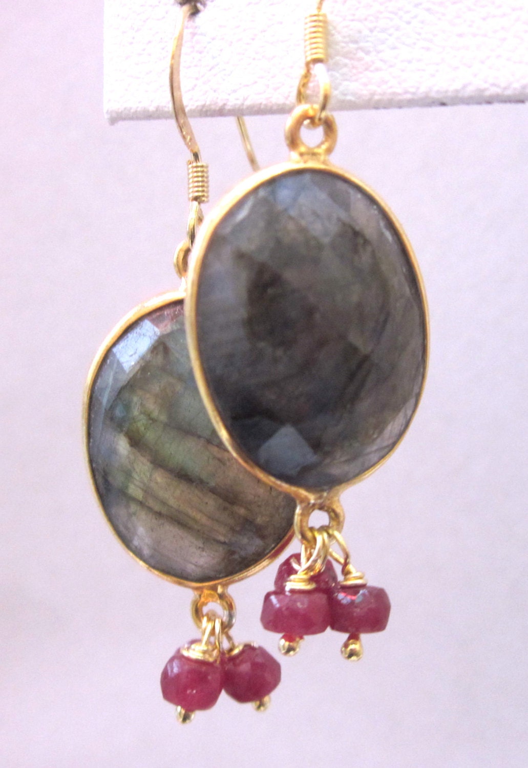 Labradorite  and ruby gold bezel earrings