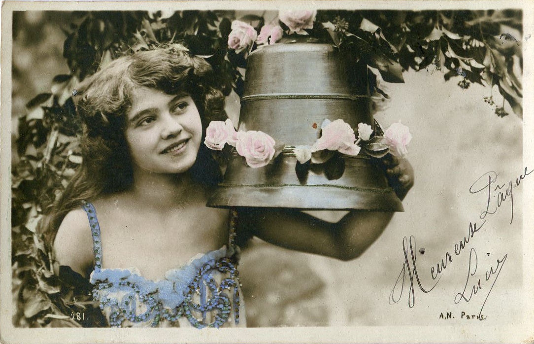 Original French vintage real photo postcard - Lady with rose covered bell - Victorian Paper Ephemera