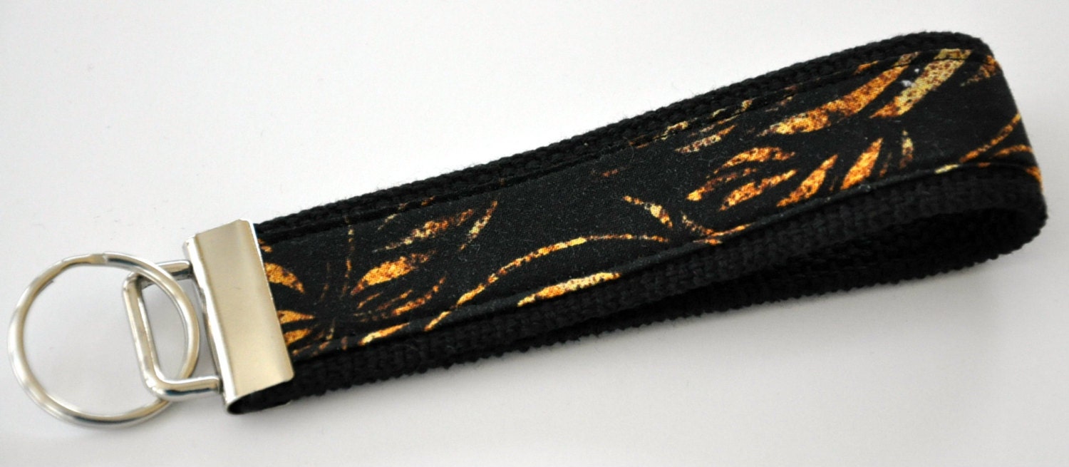 Orange, Black Flames or Leaflike Fabric on Black Cotton Heavy Duty Webbing Wristlet Keychain FOB
