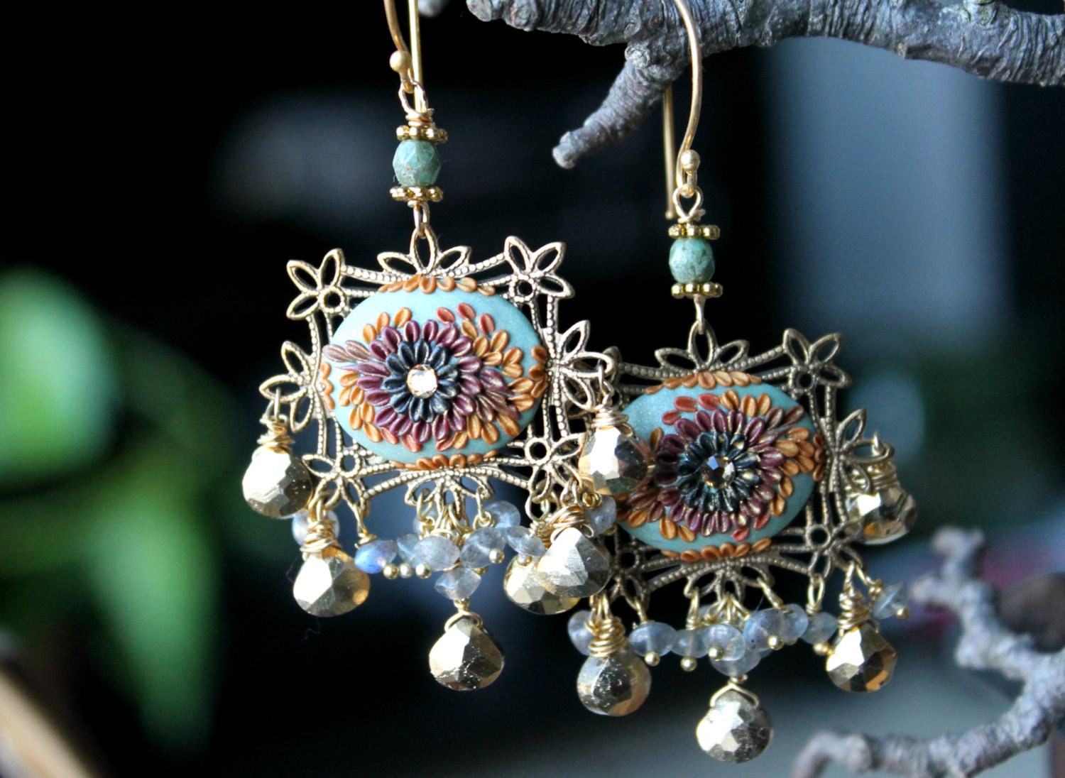 Sage,shades of brown , gold - Labradorite, Gold coated Pyrite gemstone cluster earrings with clay  floral details - Misty Spring Morning