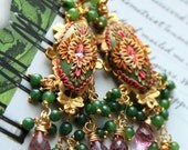 Neon Grapefruit Chalcedony,shades of olive Jade and Pink Mystic Quartz clay floral earrings with brass filigree - Reflections On Spring