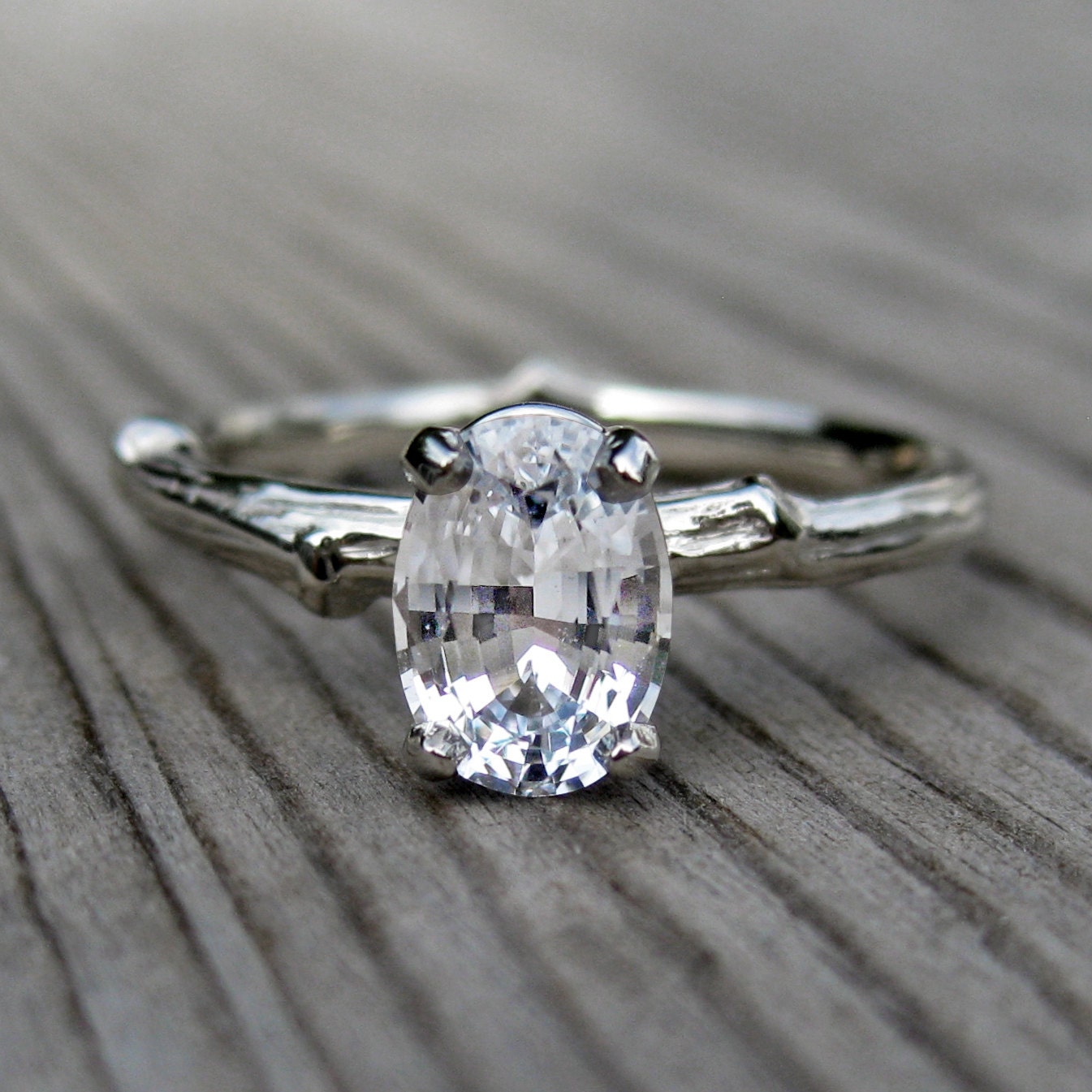 White Sapphire Twig Ring, Oval Cut in 14k White Gold