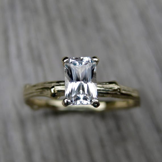 Emerald Cut White Sapphire Twig Ring in Recycled Gold