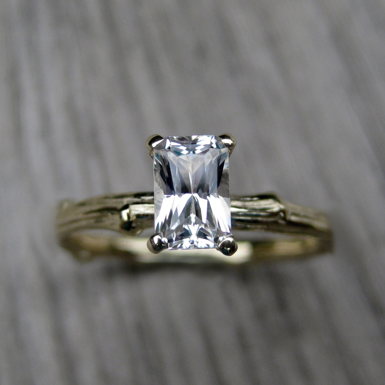 Emerald Cut White Sapphire Twig Ring in Recycled Gold