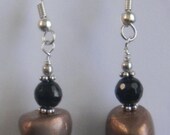 Rose Bronze Metal Clay Dangle Earrings With Black Spinel.