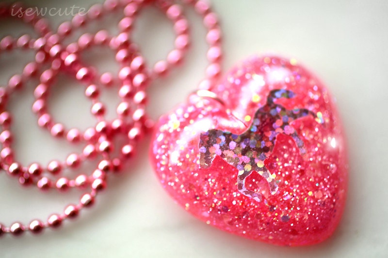 Jewelry, Horse, Necklace - Pink Sparkle Pony, Glitter Heart, twinkly resin glitter pendant necklace for girls, pink chain, by isewcute