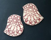 Ceramic wall art Birds of a feather Cream & red stoneware pottery Vintage lace crochet texture Home decor Couples Wedding Housewarming gift