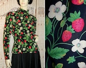 70s Ungaro Blouse Strawberry Print Black Red Rayon S