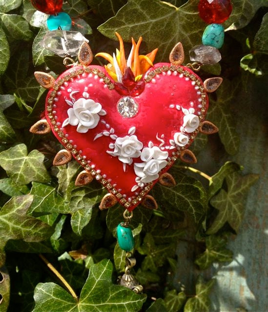 Lilygrace Sacred Heart Statement Necklace with Rock Crystal, Turquoise, Vintage Rhinestones and Freshwater Pearls