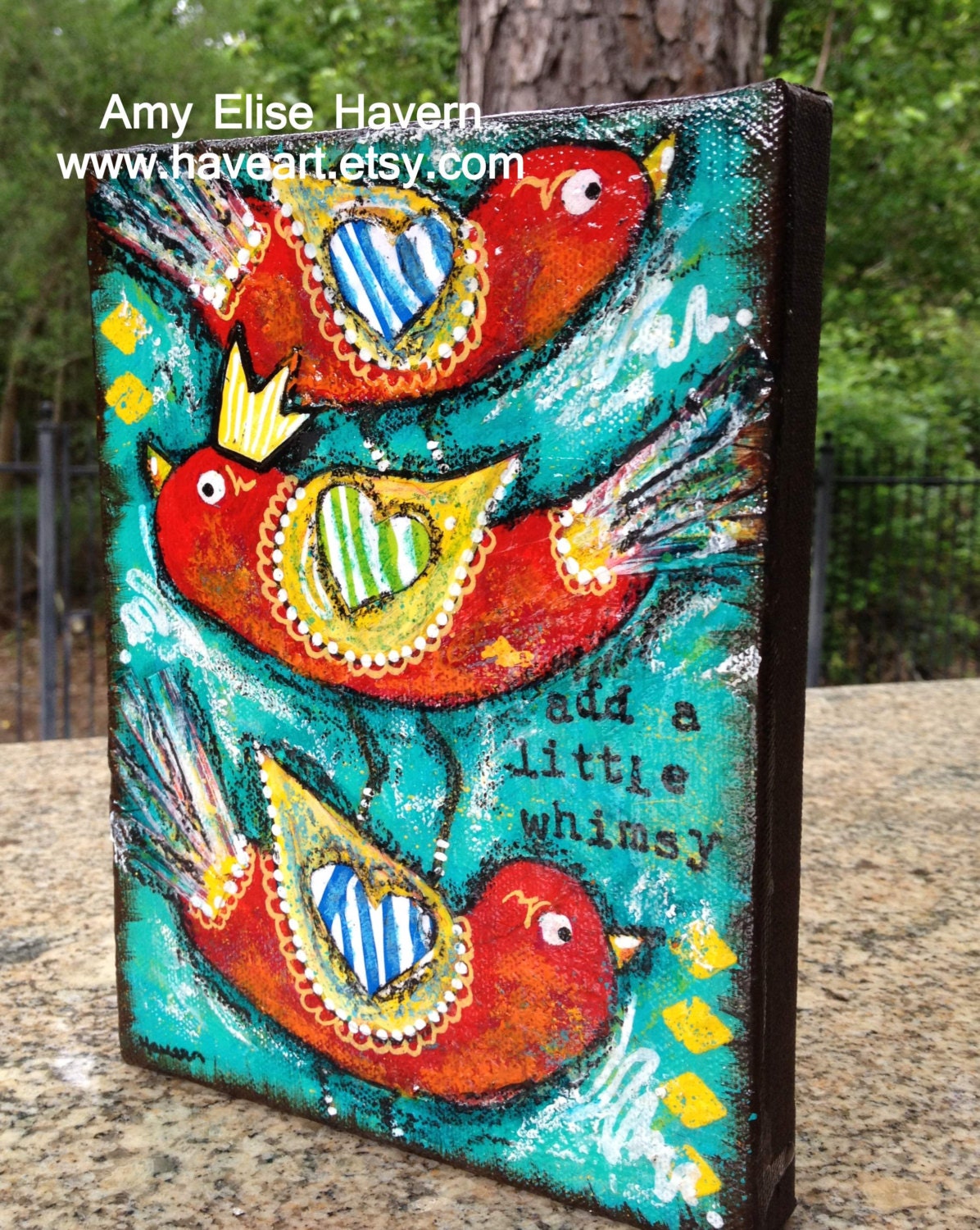 Add A Little Whimsy TRIO OF BIRDS original mixed media 6x8