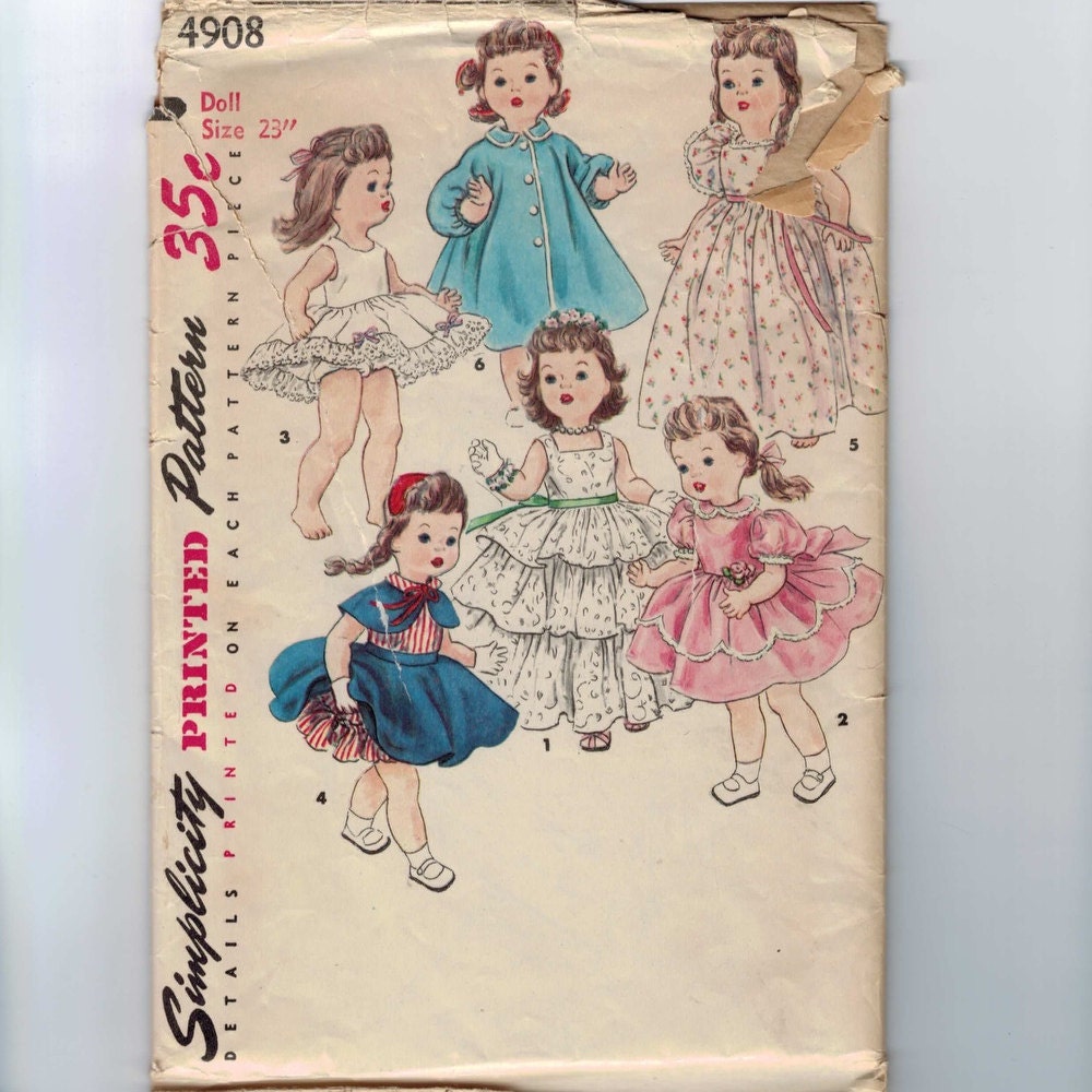 1950s Vintage Sewing Pattern Simplicity 4908 23 Inch Doll Wardrobe Dress Robe Petticoat Nightgown 50s