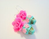Turquoise and Bright Pink Flower Eyes Day of the Dead Roses and Sugar Skull Earrings