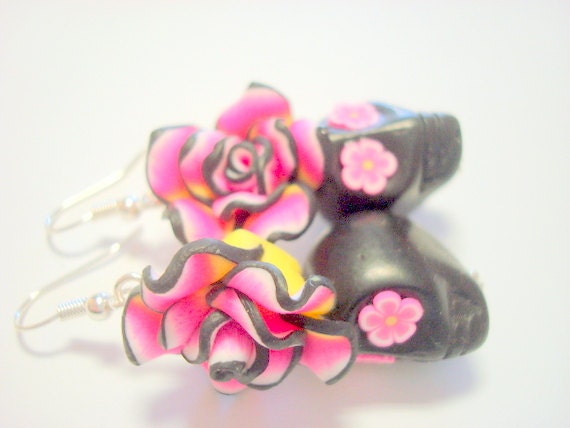 Pink, Yellow, and Black Day of the Dead Roses and Sugar Skull Earrings