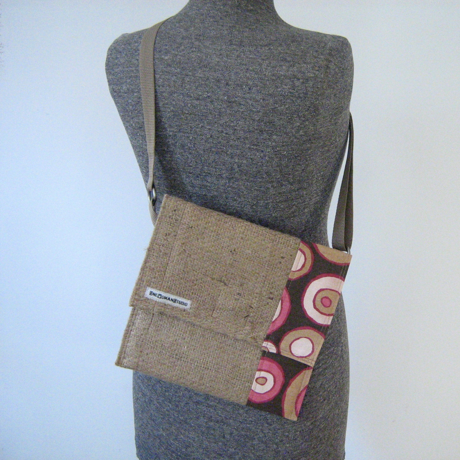Recycled Burlap Crossbody Purse, Notebook Bag, Tablet Bag, iPad Bag