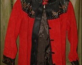 Vintage 1970s CHAR Red Suede Leather Jacket Rock Star BOHO Painted Bust 34 Very Unique