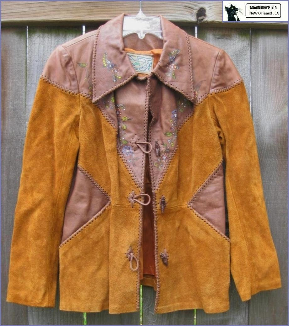 Vintage 70s Char Jacket Caramel Suede and Brown Leather Signed & Handpainted Bust 34