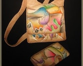Vintage 1980s Shoulder Bag Set Leather Painted Abstract Bird Matching Wallet Colorful from India
