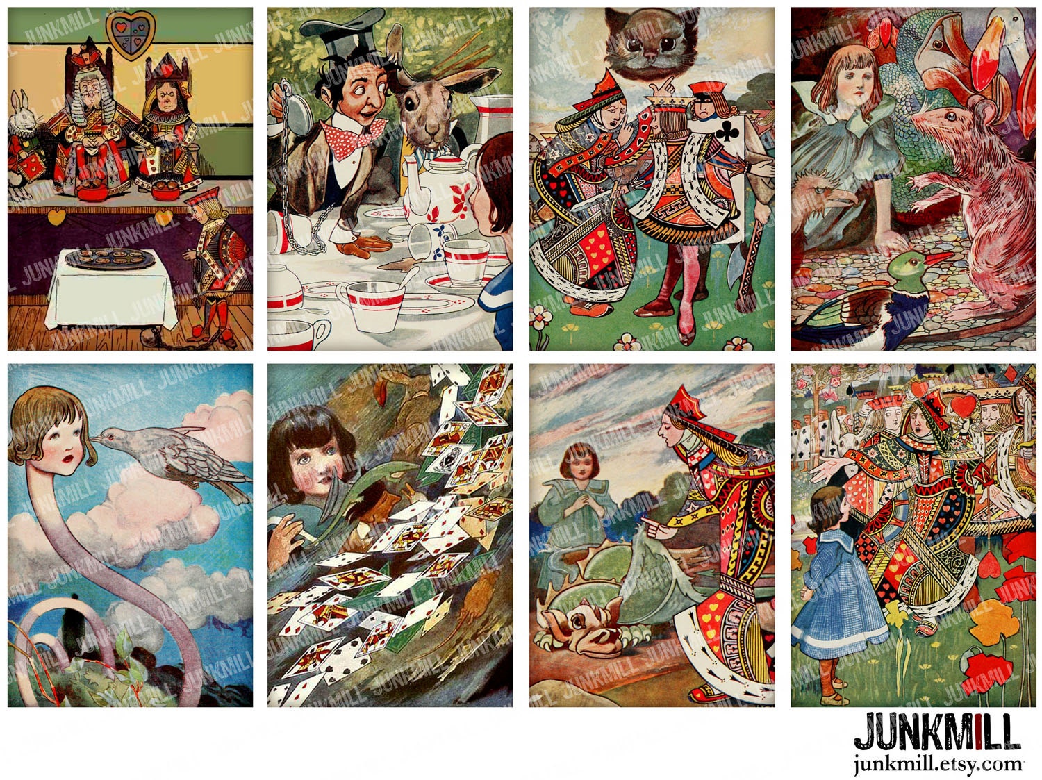 LOOKING GLASS - Digital Printable Collage Sheet - Classic Alice in Wonderland, Mad Hatter Tea Party, Cheshire Cat, Queen, Instant Download