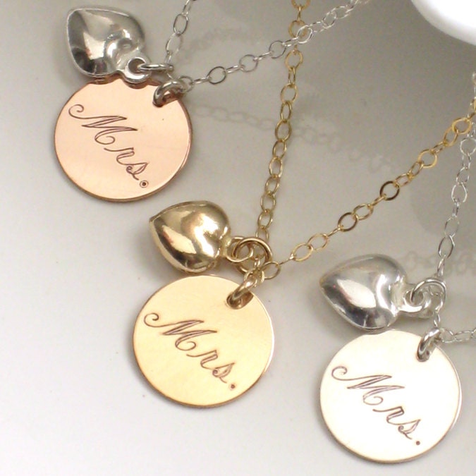 Just Married Mrs. Necklace, Engraved Script & Heart Charm in Silver, Gold Fill or Rose Gold Fill New Bride, Bridal Shower Gift, Honeymoon