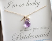 Amethyst & Wishbone Necklace, with White Pearl, Purple Gemstone, Good Luck, Bridesmaid gift, Wedding Party Gift, Sentiment Card, Lucky