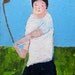 Acrylic Palette Knife Painting 8.5x11 Original Portrait Closes Her Eyes Before She Drives Girl, golf club, blue, white, golf course