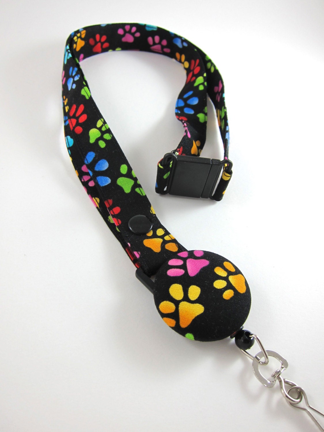 Fabric Lanyard with Retractable Badge Reel - ID Badge Holder - Rainbow Paw Prints