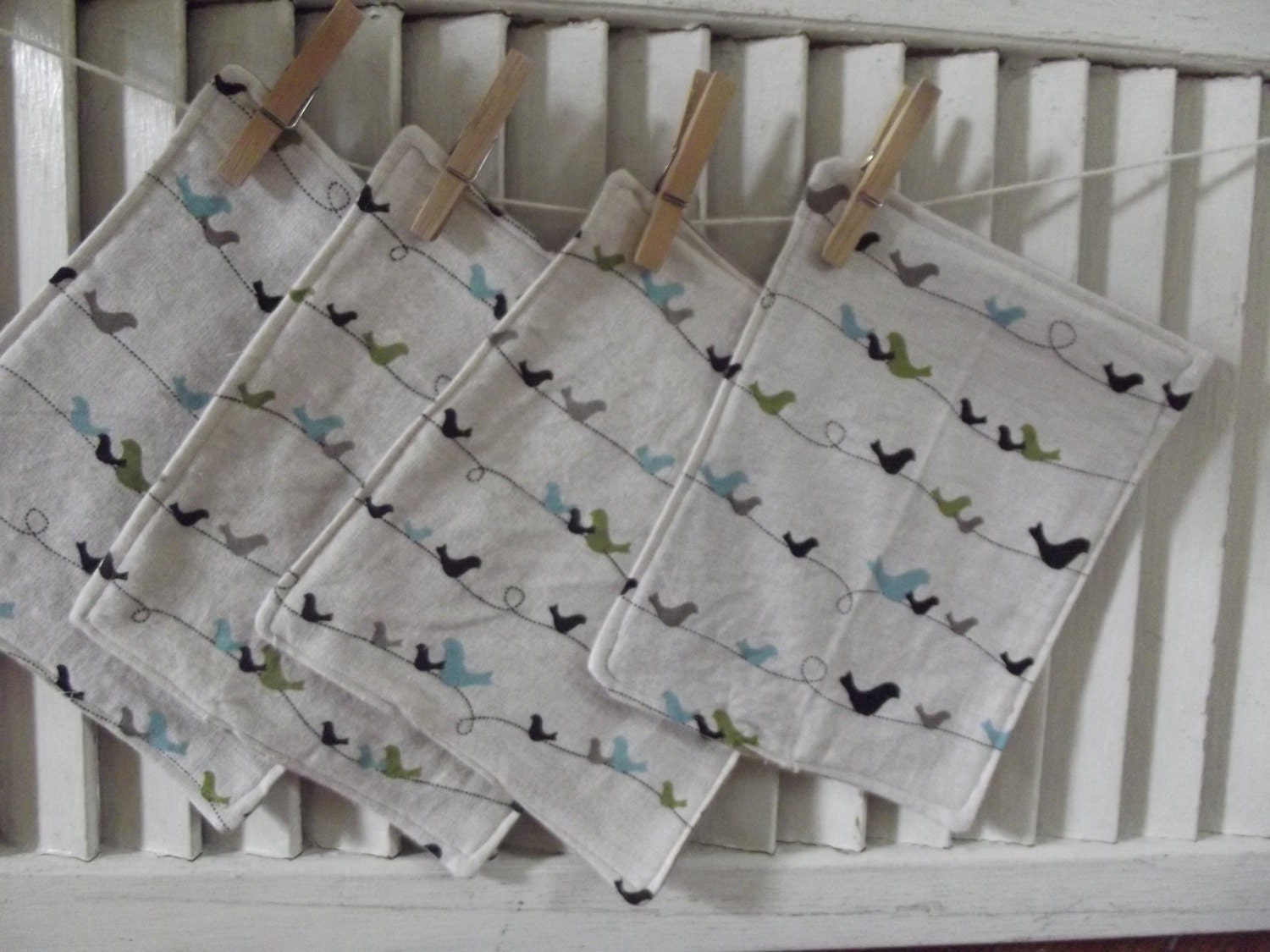 Set of  12 Bird On a Line Print  Washcloths, Reusable Wipes