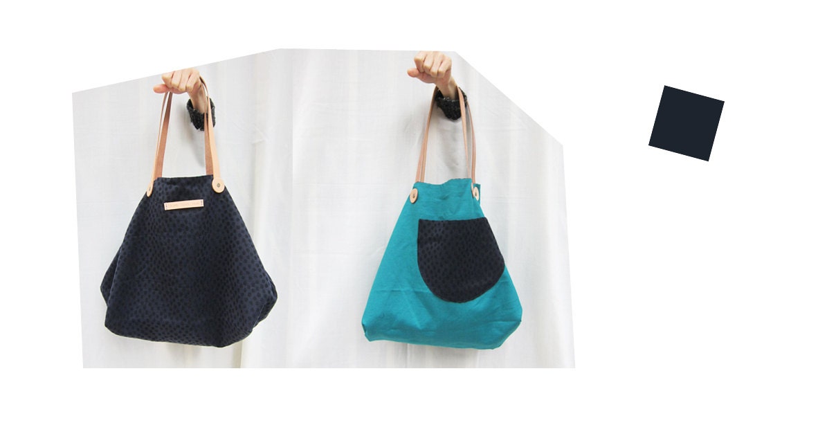 Handmade Reversible Tote Bag - fabric with leather straps - navy polka dots with blue green
