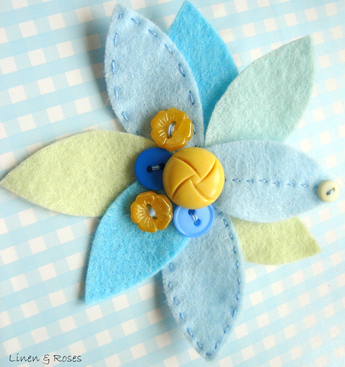 Blue and Yellow felt flower corsage with button decoration