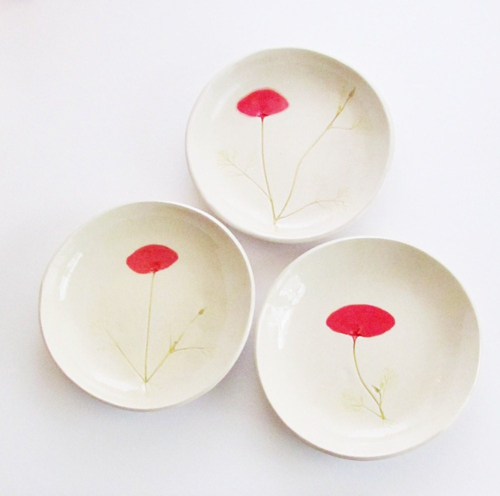 California Poppy pottery: set 3 desert bowls red white HM designer botanic ceramic