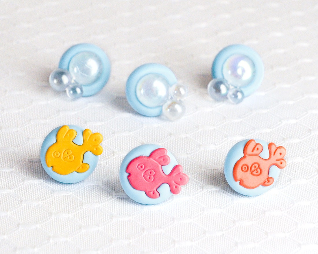 Colorful Fish and Bubbles Pushpins Home Office Organization Spring Cleaning in Dusk Blue Polymer Clay. Handmade Gift Set of 6
