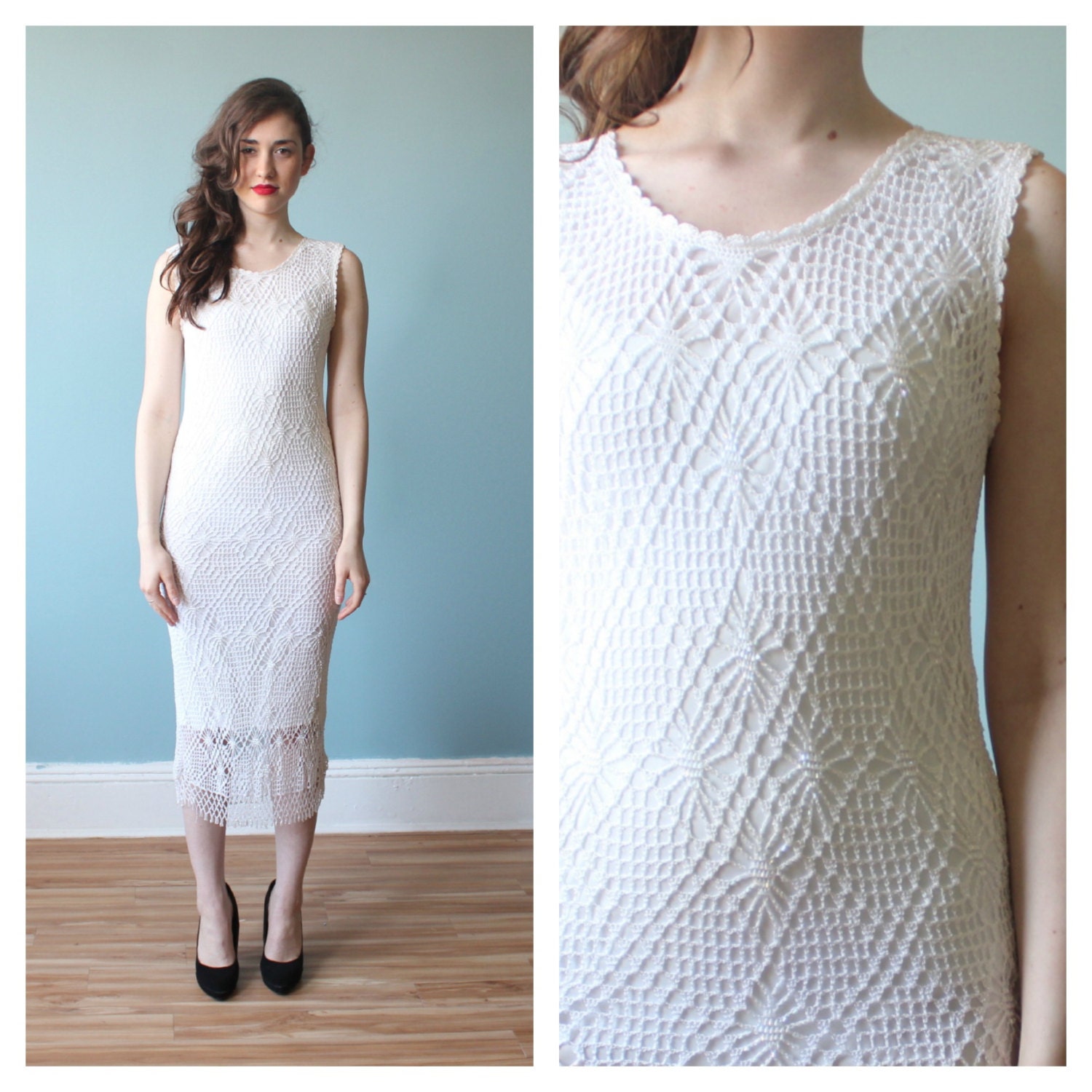white crochet net dress / beaded wedding dress (s-m)