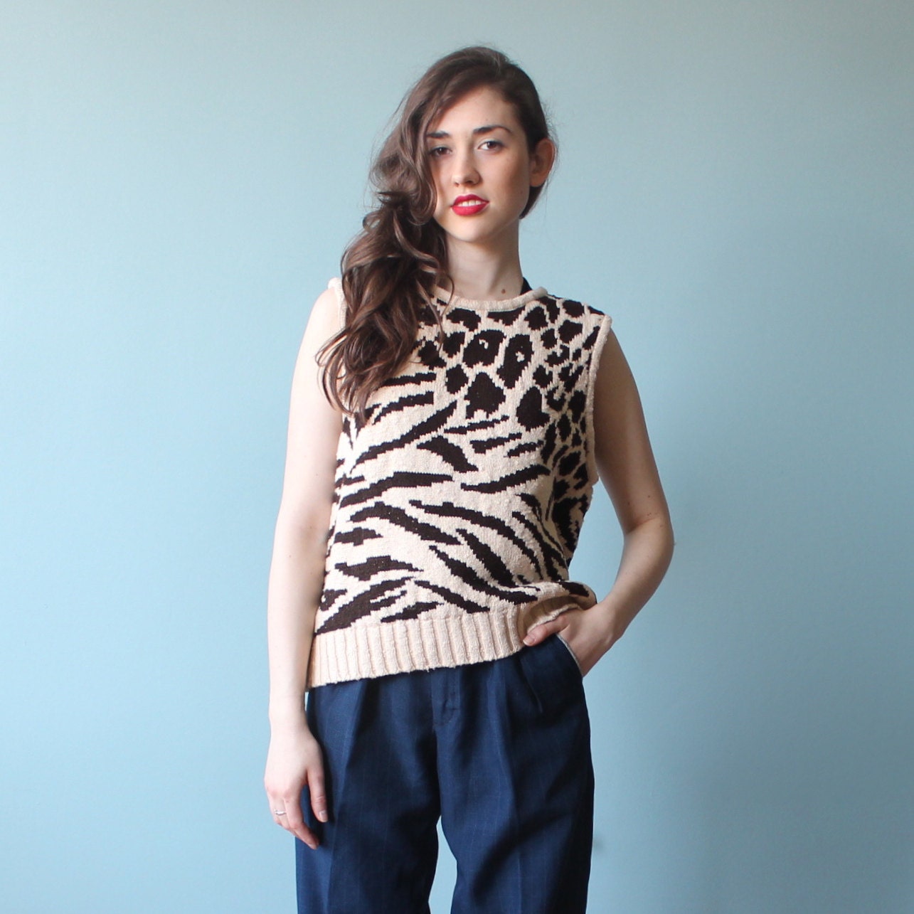 leopard oversize sweater vest / 90s chunky animal print jumper medium / large