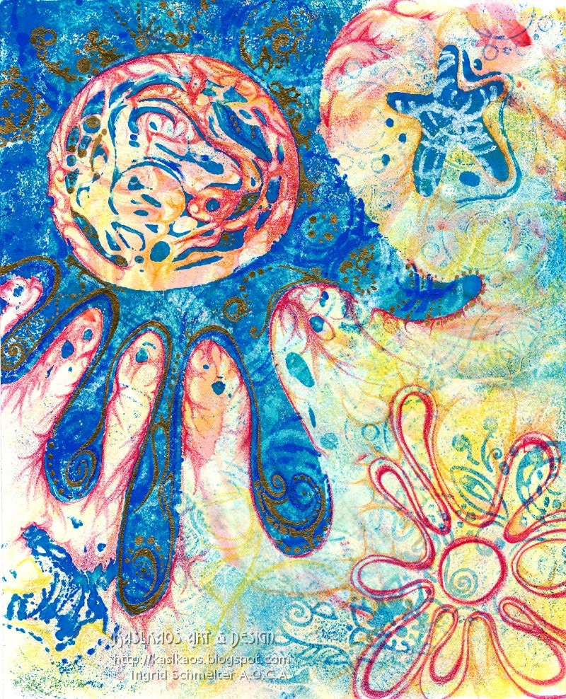 One of Kind Unique Original Art Monoprint Small Format SFA MIxed Media