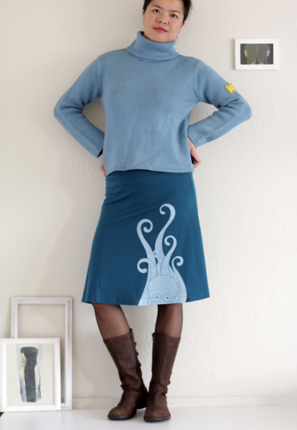 Teal Blue Knee Length Skirt . Plus size skirt . A-line Elastic Waistband Skirt - Giant Octopus - size XL