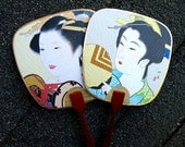 Japanese Paper Fan Geisha Girl Set/2 Small Oriental Fans for Home Decor Crafting Scrapbooking Mixed Media Collage Paper Ephemera